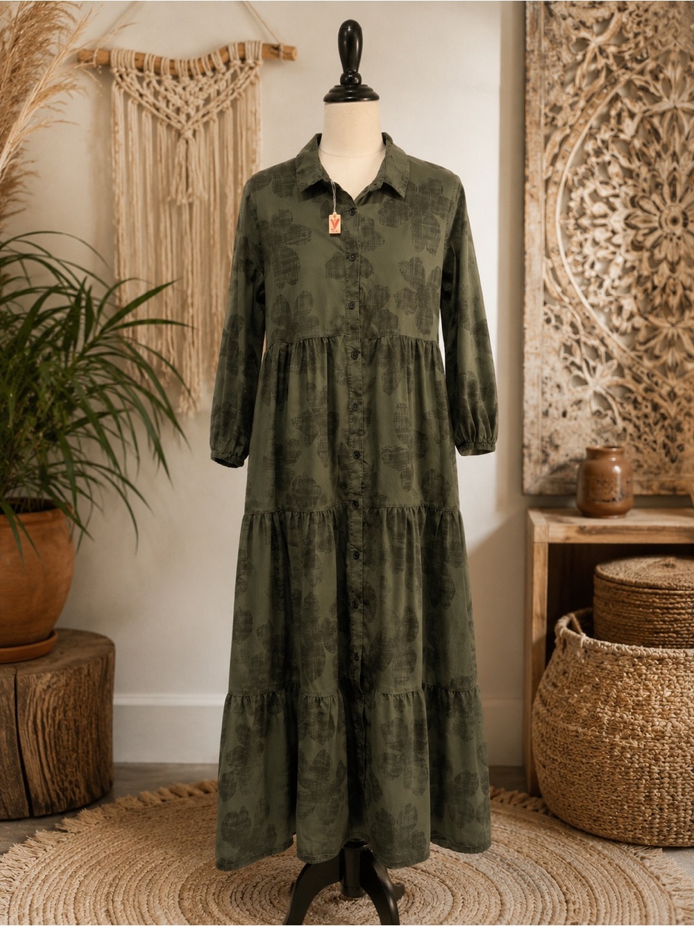 Made in Italy 100% Cotton Olive Floral Tiered Shirt Dress Lagenlook Boho Cottage